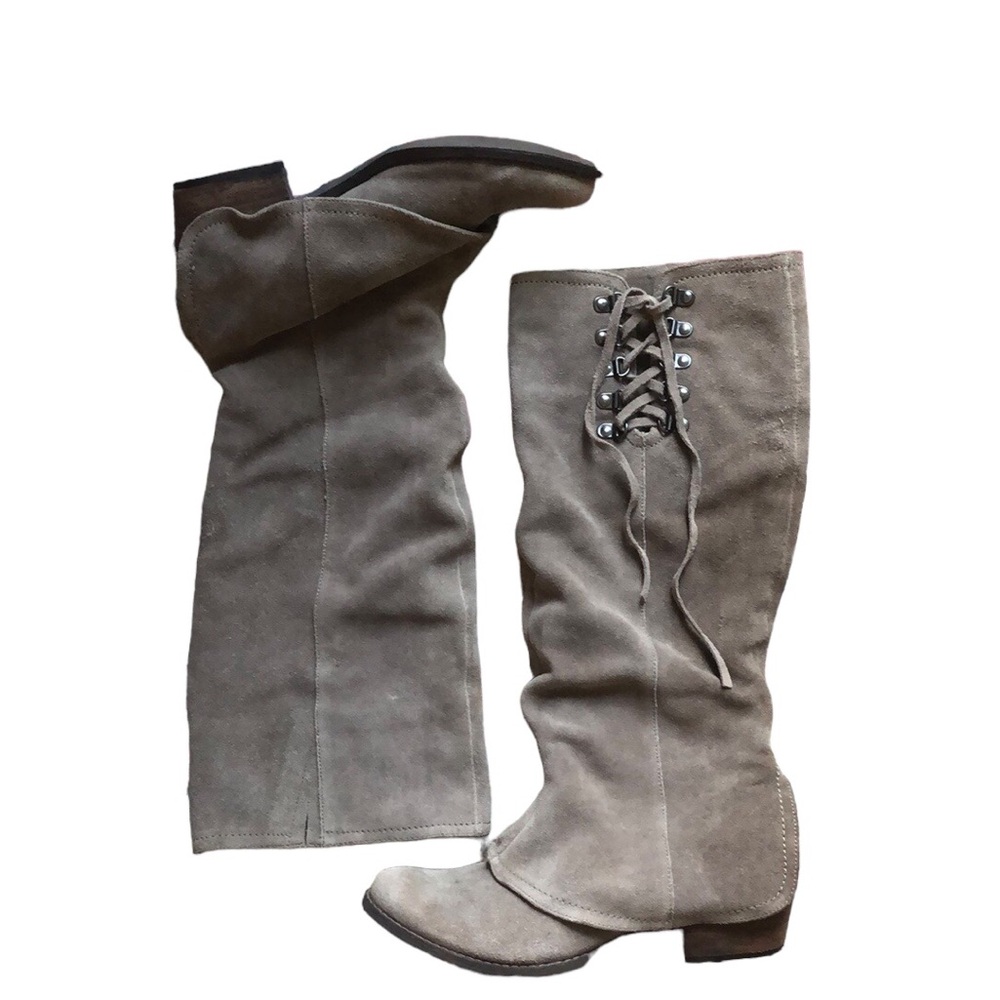 Nice genuine suede boots size 8 side lace closure taupe color 2 inch heel Soft